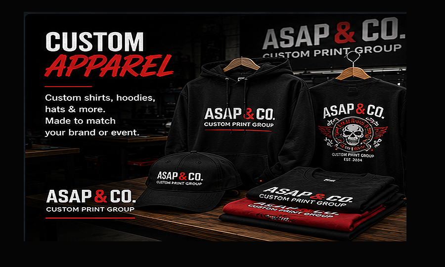 Custom apparel display with branded shirts and print shop equipment